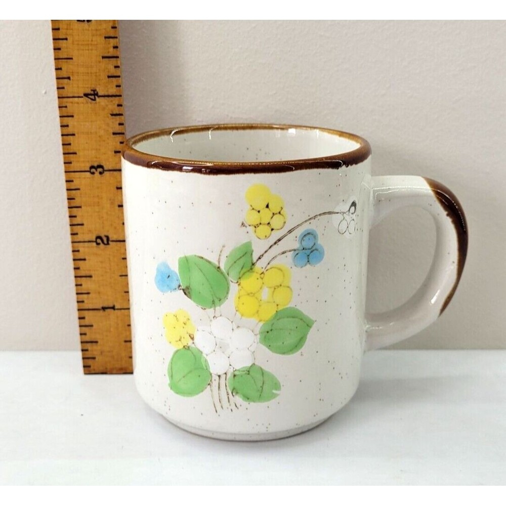 Vintage Daisy Mug Otagiri Style Speckled Stoneware Floral Cup Blue Yellow Green